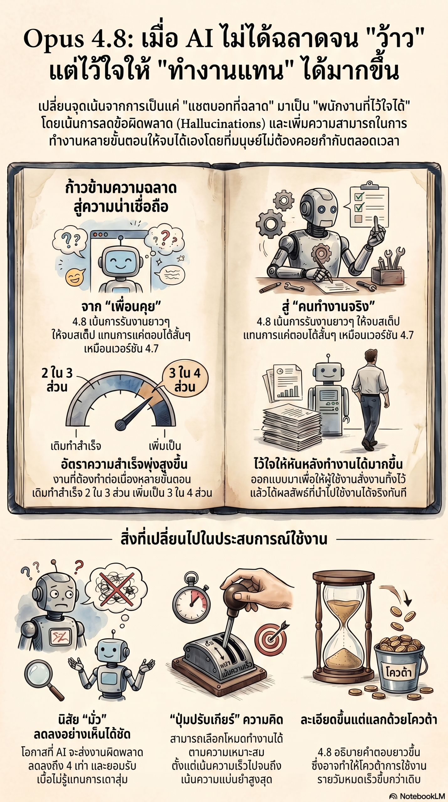 อินโฟกราฟิก: Opus 4.8 ไม่ได้ฉลาดขึ้นแบบว้าว แต่ไว้ใจให้ทำงานแทนได้มากขึ้น — เทียบกับ 4.7