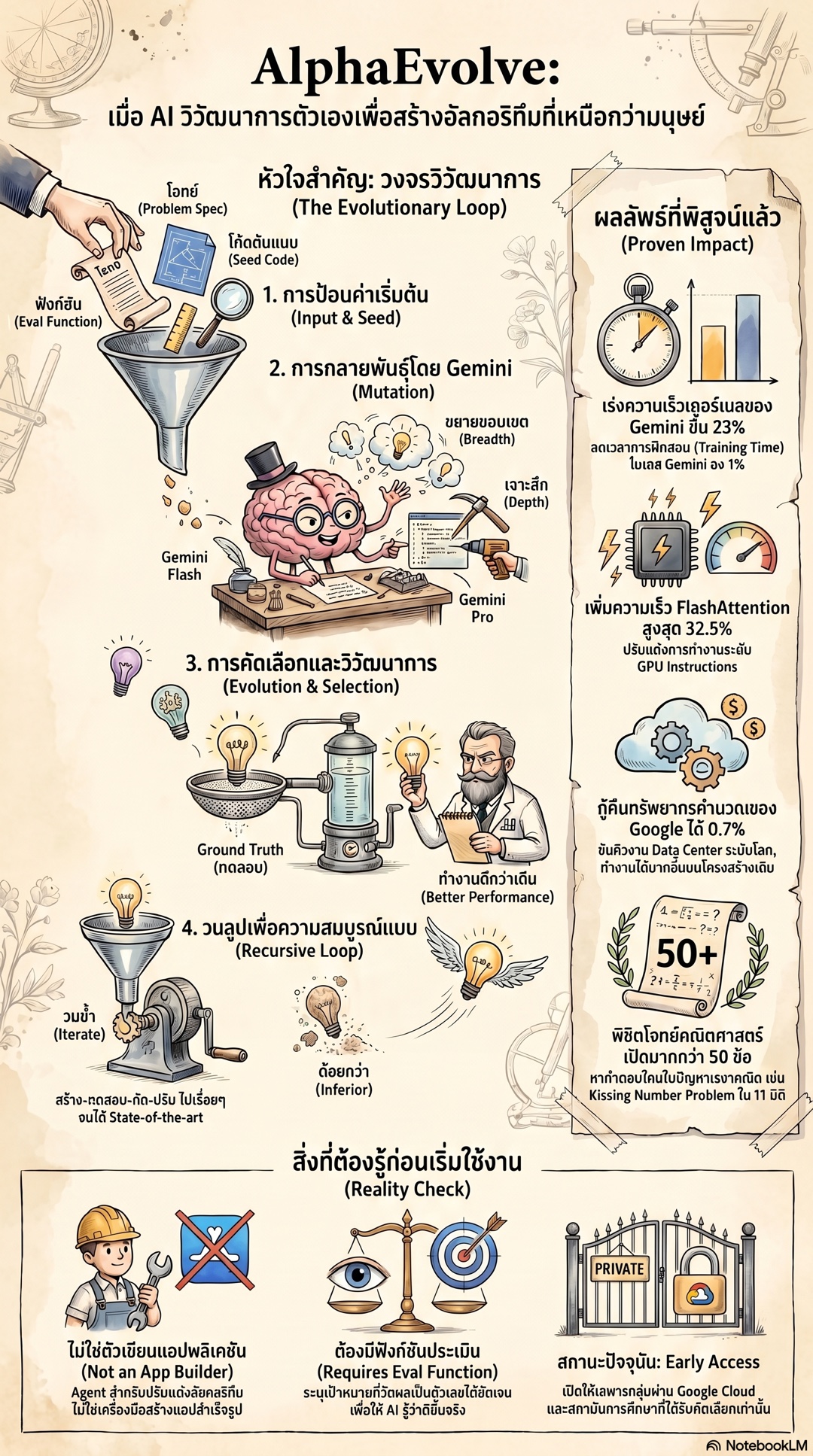 AlphaEvolve: วงจรวิวัฒนาการ 4 ขั้น (seed → Gemini mutation → คัดเลือก → วนลูป), ผลลัพธ์พิสูจน์แล้ว, และ Reality Check