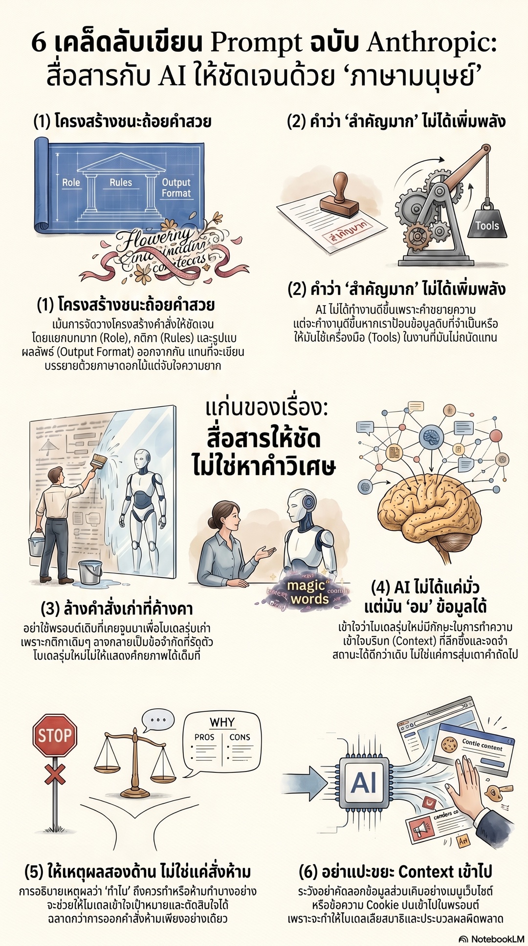 6 หลักการเขียน prompt จาก Anthropic ที่คนไม่เขียนโค้ดใช้ได้: โครงสร้าง, คำว่าสำคัญไม่เพิ่มความสามารถ, ลบคำสั่งเก่า, AI อมข้อมูล, เหตุผลสองด้าน, อย่าแปะขยะ